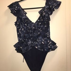 Navy and white floral bodysuit